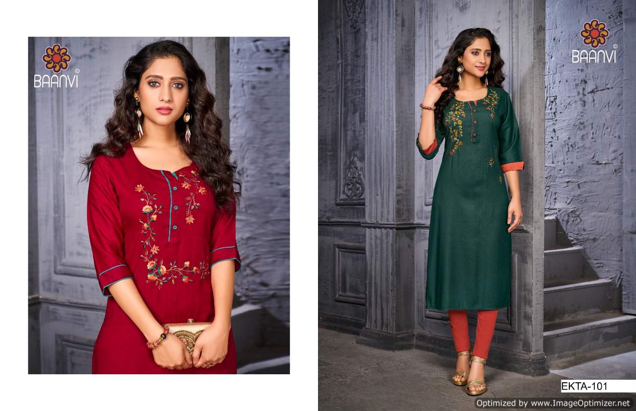 Baanvi Ekta 1 Latest Casual Wear Slub Embroidery Kurti Collection
